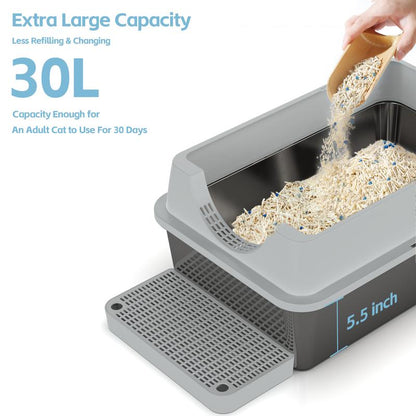Premium Stainless Steel Top Entry Cat Litter Box – Extra Large, Leak-Proof & Odor-Controlled for Big Cats